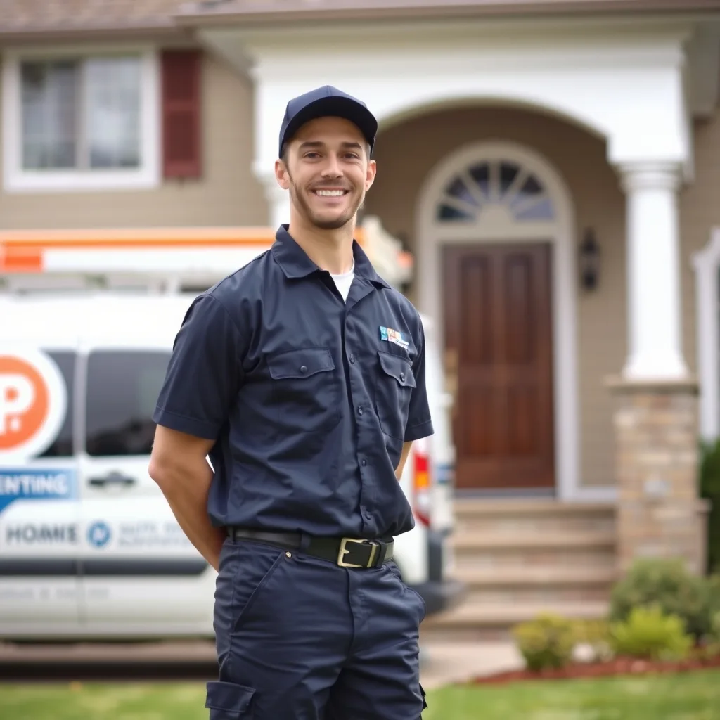 Home services contractor standing in front of a house with a work van
