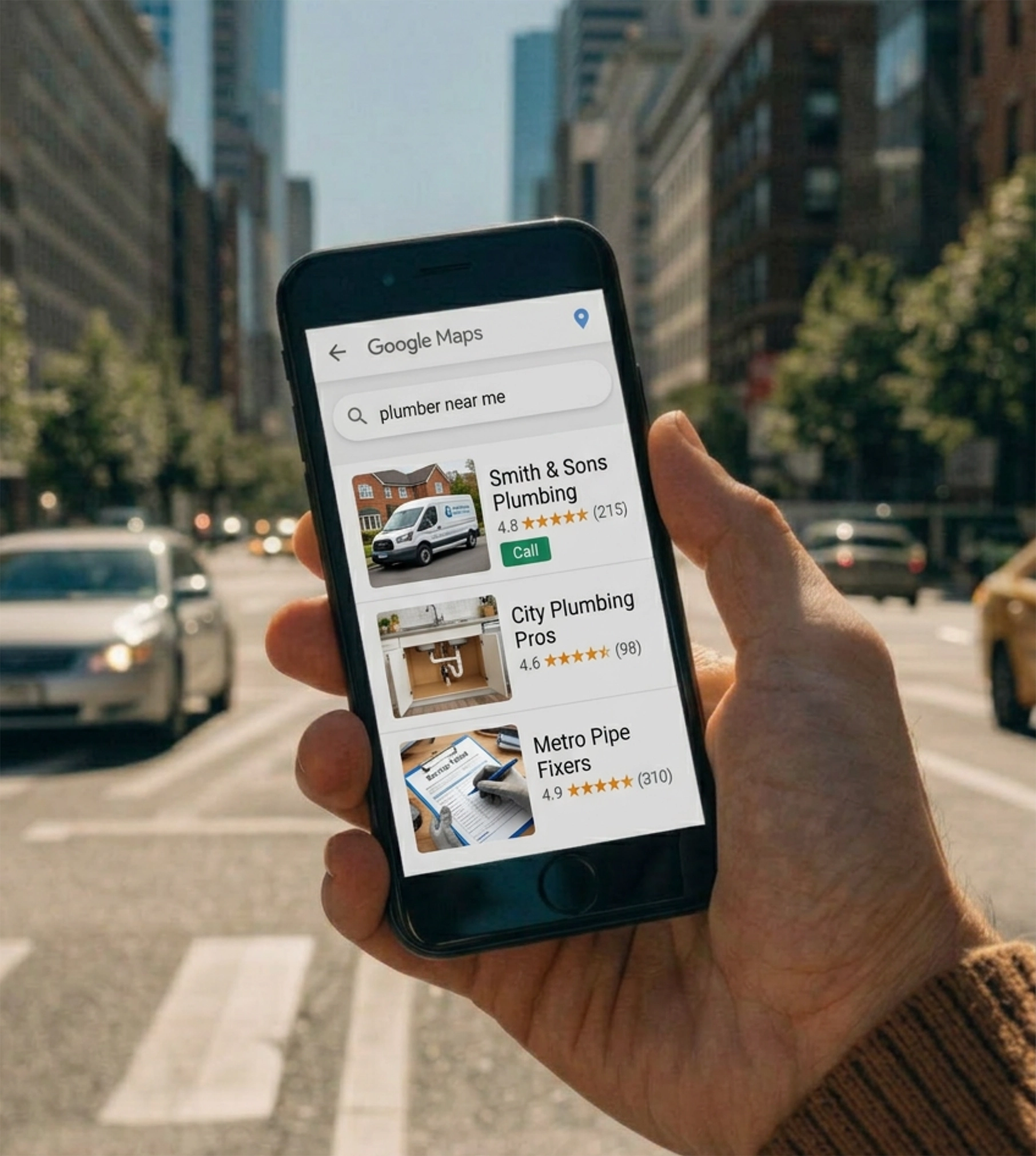 Google Maps local search results showing small businesses ranked in the local pack