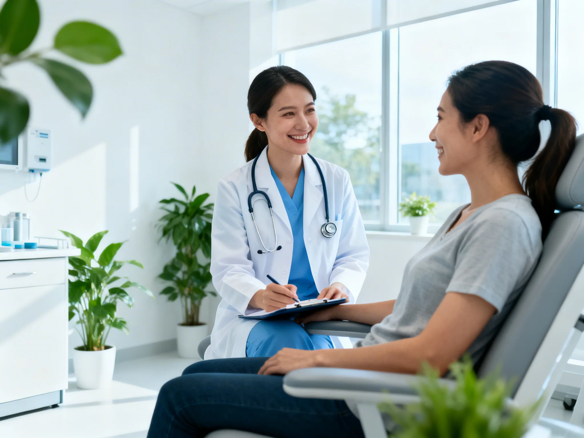 Nurse practitioner consulting with a patient in a modern medical weight loss clinic