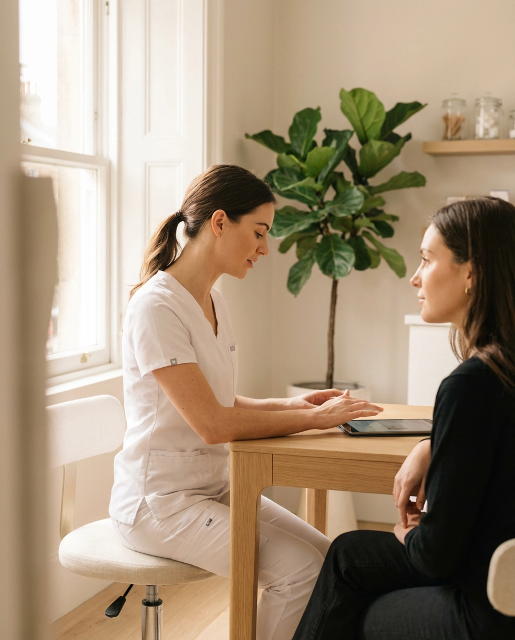 Med spa esthetician consulting with client