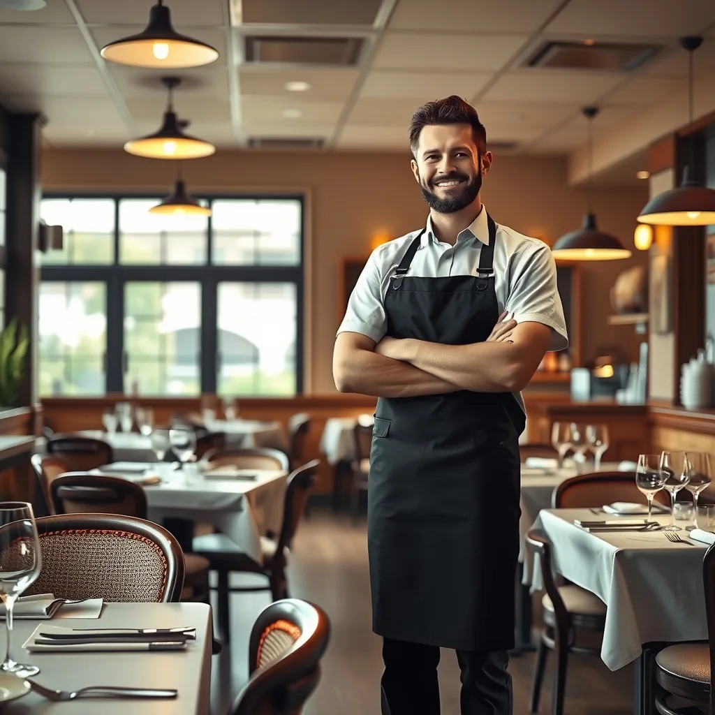 Restaurant owner standing proudly in a warm inviting dining room