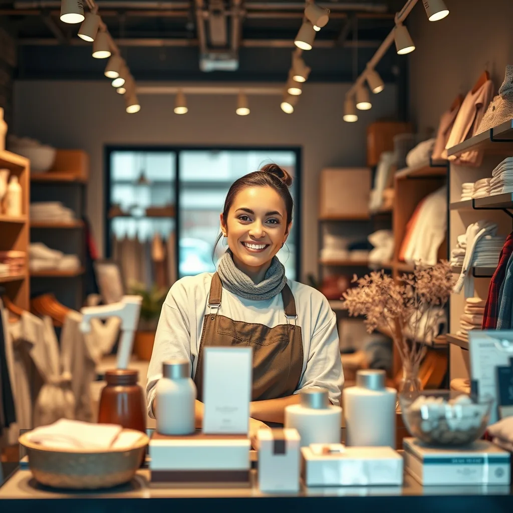 Small retail boutique owner smiling behind a counter with products displayed