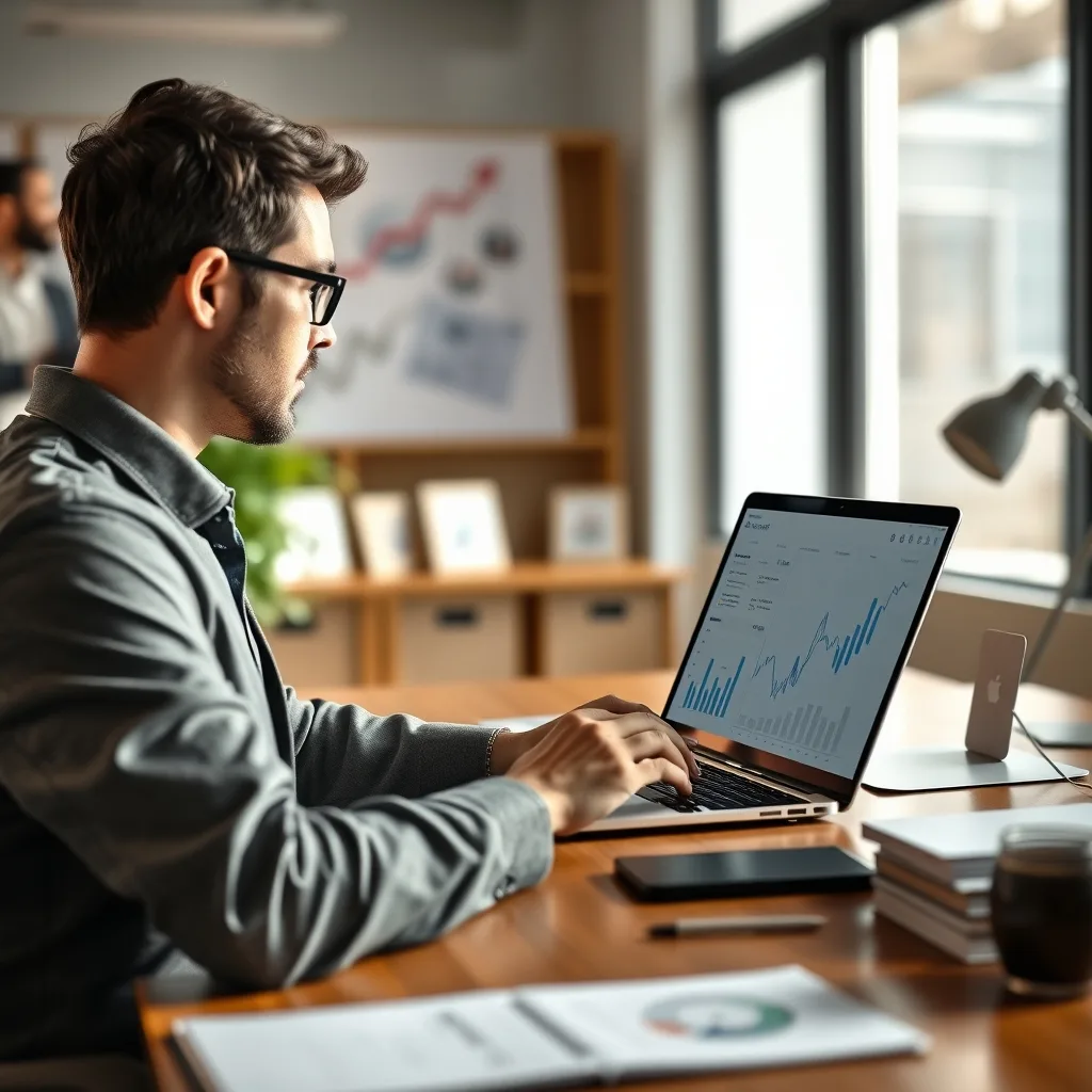 SEO consultant reviewing a detailed website audit report with charts and data